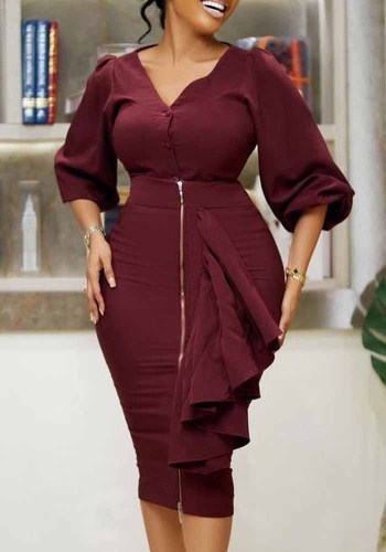 Plus Size Women'S Fall/Winter V-Neck Long Sleeve Top Bodycon Skirt Two Piece Set