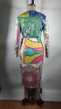 Women's Digital Random Print V-Neck Long Sleeve Dress Maxi Dress