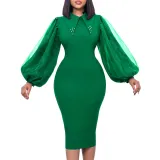 Women'S Spring Autumn Long Sleeve Plus Size Beaded Mesh Patchwork Career Bodycon Pencil Dress