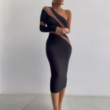 Women'S Slash Shoulder Long Sleeve Mesh Patchwork Tight Fitting Midi Bodycon Dress