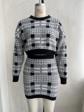 Fall/Winter Contrast Plaid Crop Sweater Bodycon Knitting Suit