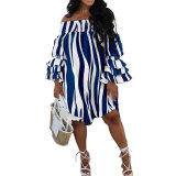 Sexy Casual Print Off Shoulder Flare Sleeve Loose Dress