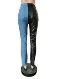 Women Casual Slim Contrast with Pu Leather Denim Pant