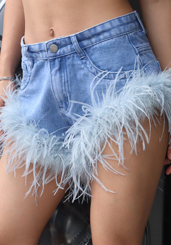 Pantalones cortos de mezclilla lanudos de patchwork sexy para mujer