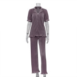 Women Summer French Short Sleeve Shirt And Pleated Wide Leg Pants Two Piece Set