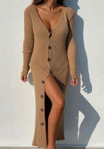 Vestido tipo suéter tipo cárdigan de manga larga con botones acanalados para mujer