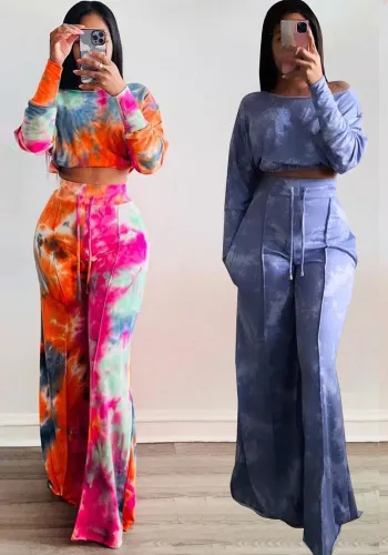 Women Sexy Print Off Shoulder Top and Bell Bottom Pants Two Piece