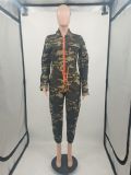 Women Fall Contrast Zip Camouflage Long Sleeve Jumpsuit