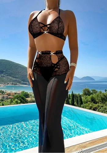 Women Black Lace Cut Out Sexy Lingerie Set