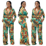 Women Casual Print V-Neck Long Sleeve Top and Pant Two Piece