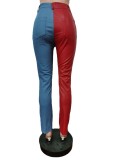 Women Casual Slim Contrast with Pu Leather Denim Pant