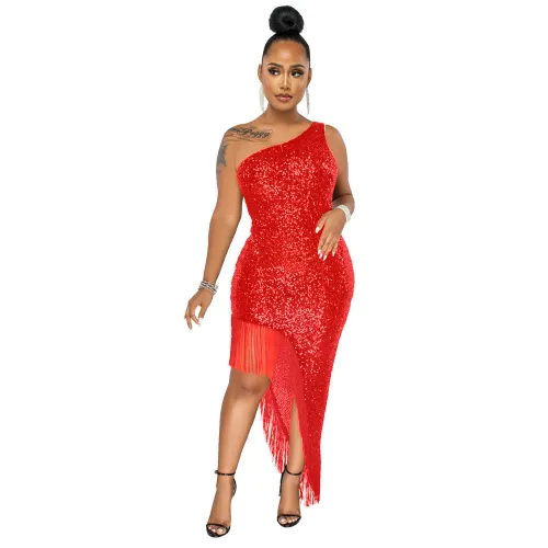 Women Sequined Side Slit Fringe Dress