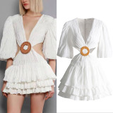 Women French Vintage Fall Cut Out V-Neck Balloon Sleeve Sexy Mini Dress