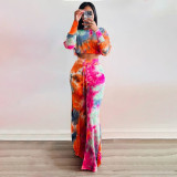Women Sexy Print Off Shoulder Top and Bell Bottom Pants Two Piece