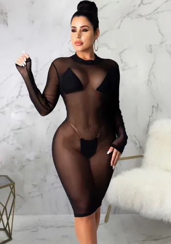 Women Sexy Long Sleeve Mesh Bodycon Dress