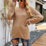 Autumn and winter women's solid color Casual Knitting shirt v-stripe pullover