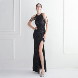 Beading Formal Party Chic Elegant Long Halter Neck Split Sequins Evening Dress