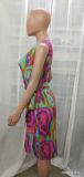 Women Elegant Chick Sleeveless Print Tied Wrap Midi Dress