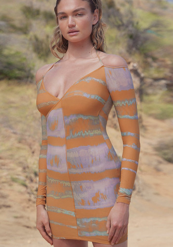 Herbst Neckholder Sexy V-Ausschnitt Slim Langarm Kleid mit Kontrastdruck