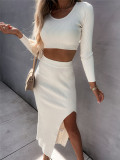 Autumn and Winter Women's Solid Color Ribbed Long Sleeve Fashion Sexy Split Long Dress Two Piece Set