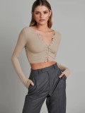 Autumn Fashion Women's Rib Ribbed Knitting Shirt Solid Color V-Neck Sexy Short Cardigan Top