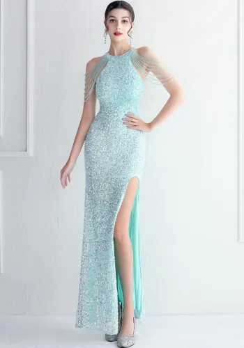 Beading Formal Party Chic Elegant Long Halter Neck Split Sequins Evening Dress