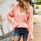 Autumn and winter women's solid color Casual Knitting shirt v-stripe pullover
