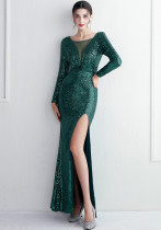 Long Sleeve Formal Party Shrinkage Chic Elegant Long Sequins Queen Fishtail Dress