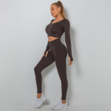 Seamless Solid Color High Stretch Low Neck Long Sleeve Yoga Wear Set Sports Running Fitness Wear Two Piece Women