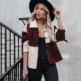 Fall/Winter Women's Turndown Collar Contrast Color Patchwork Long Sleeve Woolen Jacket Top