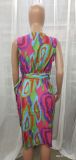 Women Elegant Chick Sleeveless Print Tied Wrap Midi Dress