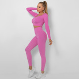 Seamless Ribbed Patchwork Yoga Long Sleeve Suit Sports Running Fitness Yoga Wear Women