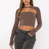 Fall/Winter Long Sleeve T-Shirt Solid Color Sexy Cutout Crop Long Sleeve Two Piece Top