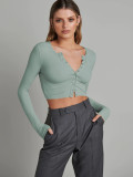 Autumn Fashion Women's Rib Ribbed Knitting Shirt Solid Color V-Neck Sexy Short Cardigan Top