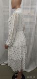 Long chiffon white printed loose-waist Chic Career dress with ruffles