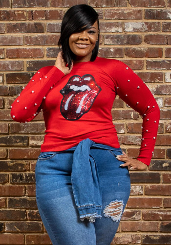 Klassisches Plus Size T-Shirt mit Paillettenmund