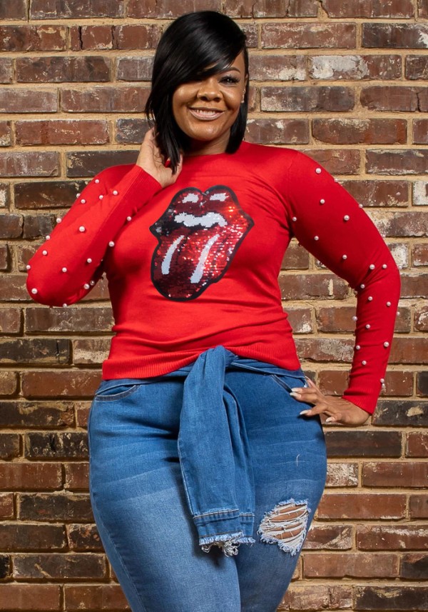 Classic Sequined Mouth Plus Size T-Shirt