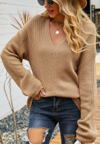 Camisa de punto informal de color liso para mujer de otoño e invierno, jersey con rayas en V