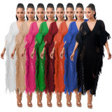 Women's Knit Seeting-Through Fringe Maxi Dress