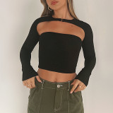 Fall/Winter Long Sleeve T-Shirt Solid Color Sexy Cutout Crop Long Sleeve Two Piece Top