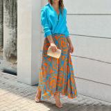 Early Autumn Women's Fashion V-Neck Long Sleeve Top Painted Skirt Casual Set