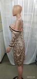 Women'S Long Sleeve Slash Shoulder Print Bodycon Plus Size Dress