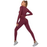 Seamless Solid Color High Stretch Low Neck Long Sleeve Yoga Wear Set Sports Running Fitness Wear Two Piece Women