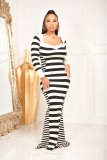 Women'S Fall/Winter Black And White Striped Slim Fitted Long Sleeve Mermaid Maxi Dress