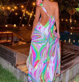 Spring/Summer Fashion Women'S Print Strap Slit Low Back Holidays Dress Maxi Dress