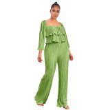 Women'S Fall Solid Pleated Square Neck Ruffle Long Sleeve Top Pants Two Piece Set