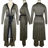 Women'S Striped Print Long Sleeve Coat Trousers Belted Two Piece Set