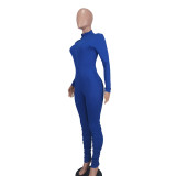 Women Fashion Casual Solid Color Fitted Ribbed Zip V Neck Jumpsuit