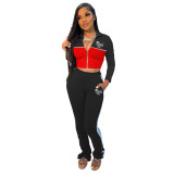 Women'S Solid Patchwork Zip Fashion Fall Winter Sports Casual Tracksuit Two Piece Pants Set