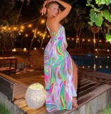 Spring/Summer Fashion Women'S Print Strap Slit Low Back Holidays Dress Maxi Dress